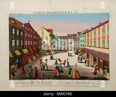 . Auerbachs Hof in Leipzig um 1780. Kupferstich Altkolorierter (Guckkastenblatt - deshalb seitenverkehrt!) 29,1 x 40,3 cm Plattenrand. Dargestellt ist der Naschmarkt, der, wenn keine Leipziger Messe guerra, seinen Platz in Auerbachs Hof hatte. Gestochen von Johann Baptist Bergmüller (1724 - 1785; THIEME-BECKER Bd. 3, S.411) nach einer Zeichnung von Johann Agosto Rosmäßler (1752 - 1783; THIEME-BECKER Bd. 29, S. 77) . Il 20 luglio 2008, 08:45 (UTC). © Foto H.-P.Haack. 63 Auerbachs Hof in Leipzig um 1780 Foto Stock