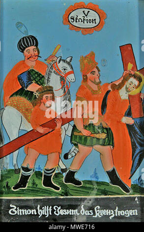 . Deutsch: Hinterglasbild einer Kreuzwegstation. Inglese: una scena di Gesù Cristo portacroce dipinte su vetro. circa ottocento. Sconosciuto. 279 Hinterglasbild Kreuzwegstation Foto Stock