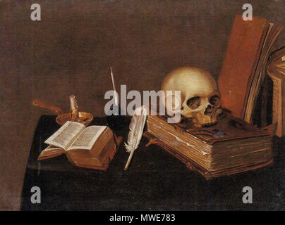 . Inglese: Michael Conrad Hirt: Una vanitas ancora in vita con una candela di un inkwell, una penna del cappello, un cranio e libri. Olio su tela. 23.2 x 30.2 in. / 59 x 76,8 cm. Venduti presso Hampel, Monaco di Baviera, 5 dicembre 2003, lot # 571, per 7500 euro . circa 1630 279 HirtVanitas Foto Stock