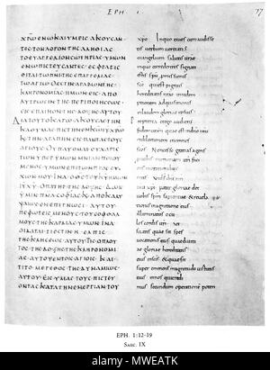 . Inglese: pagina del codex con il testo della Lettera agli Efesini 1:12-19 . Ix secolo. Sconosciuto 135 Codex Augiensis (Ef 1,12-19) Foto Stock