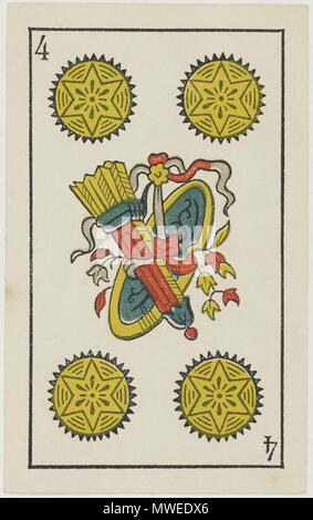. Inglese: Aluette deck, B. P. Grimaud editor, Francia, 1860: quattro di monete . 1860. B. P. Grimaud 314 Jeu d'Aluette - Grimaud - 1860 - Quattro di monete Foto Stock