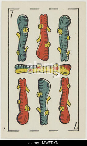 . Inglese: Aluette deck, B. P. Grimaud editor, Francia, 1860: sette del club . 1860. B. P. Grimaud 315 Jeu d'Aluette - Grimaud - 1860 - Sette dei club Foto Stock