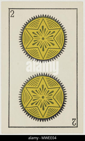 . Inglese: Aluette deck, B. P. Grimaud editor, Francia, 1860: due di monete . 1860. B. P. Grimaud 315 Jeu d'Aluette - Grimaud - 1860 - Due di monete Foto Stock