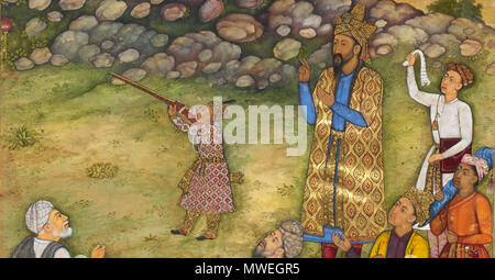 . Inglese: Humayun insegna ai giovani Akbar a sparare, dettaglio Akbarnama, 1602-4, British Library . 17 Novembre 2015 287 anonimi Humayun insegna ai giovani Akbar a sparare, dettaglio Akbarnama, 1602-4, British Library Foto Stock