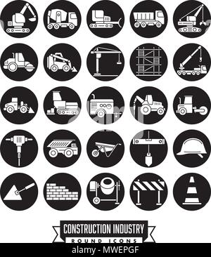 La costruzione industriale di macchinari e utensili solido rotondo nero raccolta icona Illustrazione Vettoriale