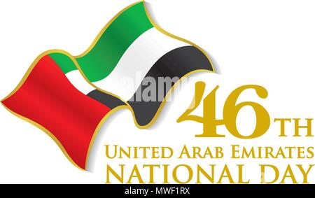 Emirati Arabi Uniti XLVI Giornata Nazionale Logo con sventola Bandiera, vettore emblemi tipografiche & badge con sfondo bianco Illustrazione Vettoriale