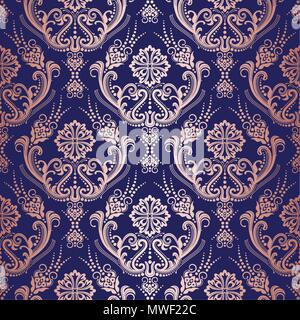 Rose Gold floral carta da parati damascata su sfondo della marina. Questa immagine è una illustrazione vettoriale. Illustrazione Vettoriale