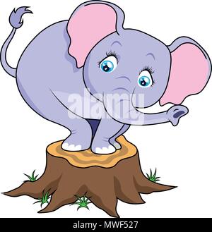 Cartoon carino baby elephant terrorizzato sul ceppo di albero. Illustrazione Vettoriale per i libri per ragazzi, poster, vestiti, alfabeto carte. Illustrazione Vettoriale