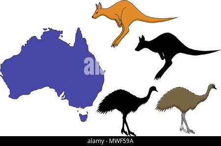 Australia cartoon mappa di viaggio illustrazione vettoriale su sfondo bianco. Simboli tradizionali di natura e di cultura dell'Australia - canguro e struzzo Illustrazione Vettoriale