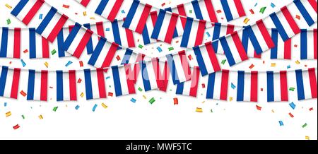 Francia bandiere garland sfondo bianco con i confetti, Hang bunting per Franch Independence Day celebrazione template banner, illustrazione vettoriale Illustrazione Vettoriale
