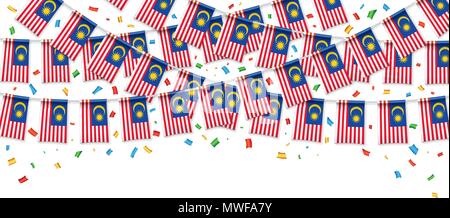 Bandiere malese garland sfondo bianco con coriandoli appesi bunting per la Malaysia Independence Day celebrazione template banner, illustrazione vettoriale Illustrazione Vettoriale