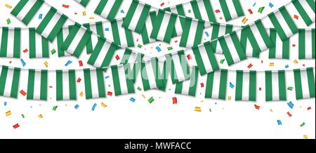 Nigeria bandiera garland sfondo bianco con i confetti, Hang bunting per Nigerian Independence Day celebrazione template banner, illustrazione vettoriale Illustrazione Vettoriale