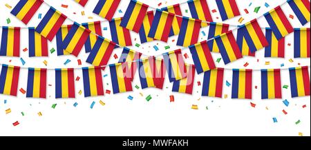 La Romania bandiere garland sfondo bianco con i confetti, hang bunting rumeno per la celebrazione della festa nazionale template banner, illustrazione vettoriale Illustrazione Vettoriale