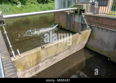 Il Moor Lane derivazione, parte dell'alluvione operazioni di difesa sul fiume Wraysbury a Staines Moor, Regno Unito. Foto Stock