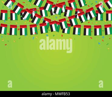 Garland bandiere degli EMIRATI ARABI UNITI con sfondo verde modello Banner appesi Bunting bandiere degli Emirati Arabi Uniti per la celebrazione della festa nazionale. Illustrazione Vettoriale Illustrazione Vettoriale