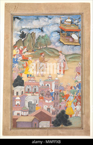 . "Re Sal Visite Kala Yavana', Folio da un Harivamsa (Legenda di Hari (Krishna)) Nome oggetto: Folio da un manoscritto illustrato regnare: Akbar (1556-1605) Data: ca. 1590-95: Geografia attuale del Pakistan, probabilmente Lahore medie: inchiostro opaco, acquerelli e oro su carta di dimensioni: pagina: 13 9/16 x 8 15/16 in. (34,4 x 22,7 cm) Pittura: 11 7/16 x 2 3/4 in. (29 x 7 cm) Testo pagina: 9 1/4 x 5 3/8 in. (23,5 x 13,6 cm) Classificazione: Codices linea di credito: Louis V. Fondo Campana, 1967 Numero di accessione: 67.266.5 questa illustrazione non è sul display . circa 1590-95. Regno: Akbar (1556-1605) 340 Re Foto Stock