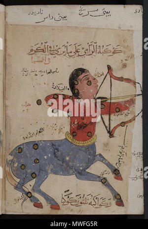 . Kitab al-Bulhan = astrologia composito/astronomia/geomanzia manoscritto arabo . Fine del XIV secolo. Più/Sconosciuto 341 Kitab al-Bulhan --- zodiac centauro sagittario Foto Stock