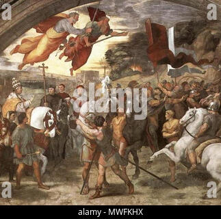 . W:en:Raphael è la riunione tra Leone Magno (dipinto come un ritratto di Leone X) e Attila affresco, 1514, Stanza di Eliodoro, Palazzi Pontifici, Vaticano [1] L'affresco fu completata dopo la morte di Giulio II (pontefice dal 1503 al 1513), durante il pontificato del suo successore Leone X (pontefice dal 1513 al 1521). Infatti quest'ultimo appare due volte nella stessa scena, ritratto sotto le spoglie di papa Leone Magno e come cardinale. Secondo la leggenda la miracolosa apparizione dei Santi Pietro e Paolo armati di spade durante l incontro tra Papa Leone Magno e Attila (452 d.C.) ha causato il Foto Stock