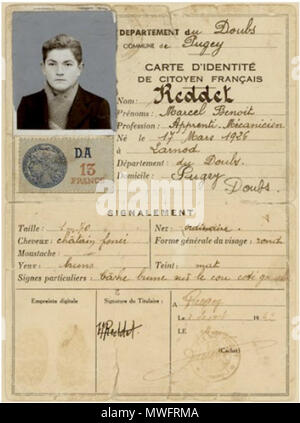 . Français : Carte d'IDENTITE Marcel Reddet . 11 novembre 2016. Sconosciuto 395 Marcel Reddet, groupe Guy Mocquet Foto Stock