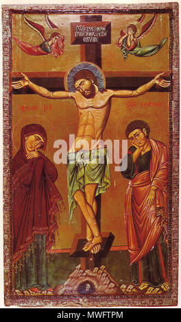. Deutsch: Kreuzigungsgruppe: Ikone mit abendländischen Stilelementen, möglicherweise venezianischer Künstler. Drittes Viertel des 13. Jahrhunderts. 120,5 x 67 cm inglese: gruppo della crocifissione: una icona bizantina in modo un po' di stile occidentale, eventualmente da un artista veneziano. terzo quarto del XIII secolo. 120,5 x 67 cm Français : Le crucifiement de Cristo: Icône bizantina dans un style occidental, possiblement d'onu peintre vénitien. Troisième quart du 13ième siècle. Aprile 2008. Sconosciuto 147 Icona Crocifissione Sinai del XIII secolo Foto Stock