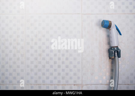 Bagno interno e bidet doccia o spray bidet, wc ugello o acqua bidet spray sul muro bianco con la macchia sporca nel WC. Foto Stock