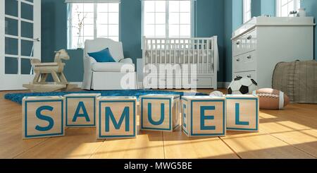 3D illustrazione del nome samuel scritto con il giocattolo di legno cubi nella stanza dei bambini Foto Stock