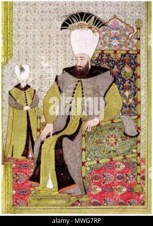 . Il sultano Ahmed III seduto accanto a lui il giovane erede al trono. Ottomano pittura in miniatura, conservati presso il Topkapı Sarayı Müzesi, Istanbul (Inv. Un 3109, Fol 22v) . La prima metà del XVIII secolo. Levni 370 Levni 002 Foto Stock