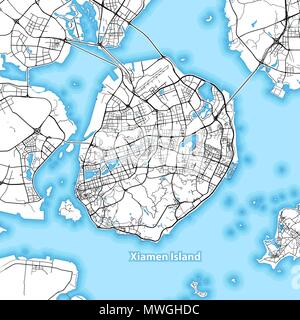 Mappa dell'Isola di Xiamen, Cina con le maggiori autostrade e strade che circondano le isole e isolette Illustrazione Vettoriale