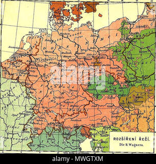 . Mappa di lingue e nazioni in Europa Centrale prima del 1910. Le aree in rosa sono prevalentemente abitata dai tedeschi, le aree in verde scuro prevalentemente da cechi, aree in verde chiaro prevalentemente dai poli e aree in marrone prevalentemente mediante gli slovacchi. Le descrizioni sono in ceco. 1910. V. Schmidt e il Dottor J. Metelka 359 lingue in Europa centrale 1910 Foto Stock