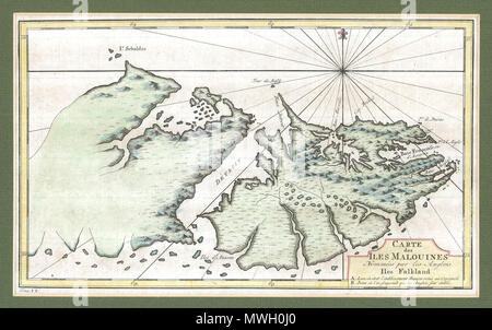 . Inglese: la mappa è stata disegnata dal cartografo francese Etienne André Philippe de Pretot nei tardi 1760s, e apparve per la prima volta nel 1771 edizione del explorer Louis-Antoine de Bougainville il libro di viaggi. Il titolo dice in francese antico: "Carte des Iles Malouines, Nommées par les Anglois Iles Falkland," o "Mappa delle Isole Malouines che gli inglesi chiamano le Isole Falkland." . 1760s. Etienne André Philippe de Pretot 201 Falklands mappa mid Foto Stock