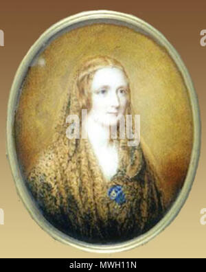 . Reginald Easton dipinse questo ritratto in miniatura di Mary Shelley, su un lino sfondo colorato. Essa incorpora un circlet sostenuta da blu, lo stesso visto in Rothwell pittura e uno scialle.[1][2] . 1857[1]. Reginald Easton[3] (nato 1807, morto 1893) 404 MaryShelleyEaston3 Foto Stock