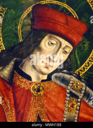 . Inglese: un verger's dream: Santi Cosma e Damiano di eseguire una cura miracolosa dal trapianto di una gamba. Pittura di olio attribuito al Maestro di Los Balbases. Questo frammento ci mostra San Damiano. circa 1495. Maestro di Los Balbases 405 Master di Los Balbases - Santi Cosma e Damiano - frammento Foto Stock