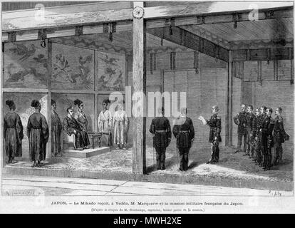 . Inglese: ricezione da parte dell'Imperatore del Giappone (Mikado) della seconda missione militare francese in Giappone, guidato da Marquerie, nel 1872. Русский: Император Японии (Микадо) принимает вторую французскую военную делегацию в Императорском двореце Киото, 1872. 1873. Le Monde illustre, a partire da un disegno di Deschamps. 416 MikadoWithFrenchMission Foto Stock