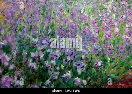 Dettaglio di Claude Monet viola iris iris fiore dipinto 'le jardin de l'artiste à Giverny' al Giardino degli Artisti a Giverny in Francia Europa Foto Stock