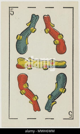 . Inglese: Aluette deck, B. P. Grimaud editor, Francia, 1860: cinque di club . 1860. B. P. Grimaud 314 Jeu d'Aluette - Grimaud - 1860 - Cinque dei club Foto Stock