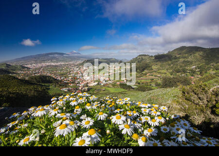 Tramonto colorato con sole splendente sull isola delle Canarie Tenerife con vista sul vulcano Teide e villaggi su verdi pendii Foto Stock