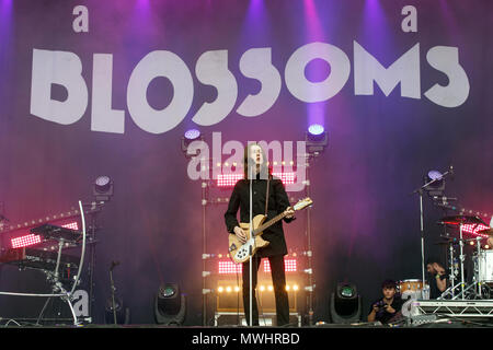 Tom Ogden di indie pop band Blossoms performing live. Tom Ogden Blossoms, sboccia live, sboccia in concerto. Foto Stock