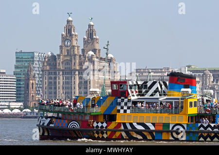 Un affollato Razzle Dazzle Snowdrop traghetto passa di fronte al Liver Building sul fiume Mersey 2018 Foto Stock