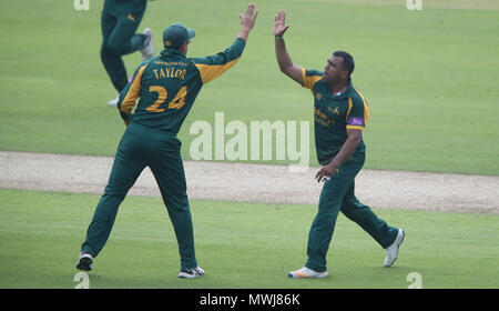 Nottinghamshire's Samit Patel celebra con Ross Taylor dopo aver tenuto il paletto del Worcestershire's Brett d'Oliveira durante un Royal London un giorno Cup Nord gruppo corrispondono a Trent Bridge, Nottingham. Foto Stock