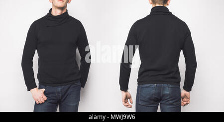Vista anteriore e posteriore del man in black maglione isolato su bianco Foto Stock