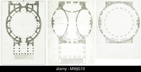 . Il confronto dei piani di massa del Pantheon di Roma (sinistra) e Thomas Jefferson la rotonda dell'Università della Virginia (medio: piano terra, destra: dome camera). Il piano del Pantheon è quello di Andrea Palladio nel suo ristampare da Giocomo Leoni-vale a dire il piano che Thomas Jefferson aveva accesso a durante la progettazione della Rotunda. 1570 / 1821 / 1821. Andrea Palladio / Thomas Jefferson / Thomas Jefferson 466 Pantheon Rotunda (Jefferson) Confronto Foto Stock