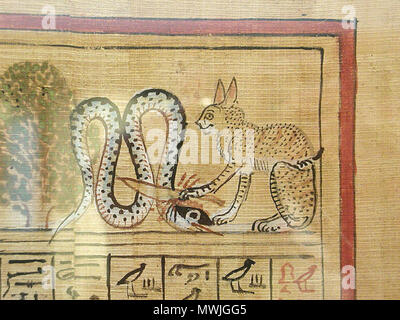 . Inglese: dettaglio dal Papiro di Hunefer; il dio sole rappresentato come un gatto che uccide il serpente di oscurità con un coltello. Español: Apofis herida por Miuty, el "Gran Gato de Heliópolis". Papiro de Hunefer. . Il 10 dicembre 2007, 23:37 (ora UTC). sconosciuto artigiano egiziano 467 Papiro di Hunefer, dettaglio Foto Stock
