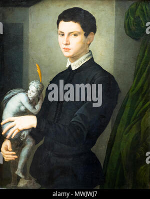 Ritratto di un uomo con una statuetta di Agnolo di Cosimo di Mariano tori noti come Bronzino (1503-1572) Foto Stock