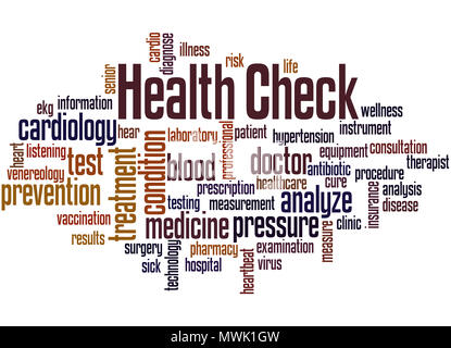 Health Check parola concetto cloud su sfondo bianco. Foto Stock