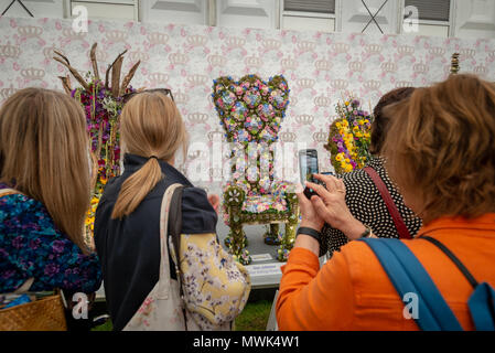I visitatori di RHS Chelsea Flower Show di scattare fotografie di floral troni che sono stati immessi nel fioraio dell'anno categoria dello spettacolo. Foto Stock