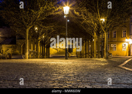 Pittoresca isola di Kampa sotto il Castello di Praga di notte, Praga, Repubblica Ceca Foto Stock