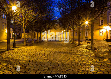 Pittoresca isola di Kampa sotto il Castello di Praga di notte, Praga, Repubblica Ceca Foto Stock