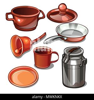 Vasellame e oggetti di uso domestico realizzato in metallo isolato su uno sfondo bianco. Illustrazione Vettoriale. Illustrazione Vettoriale