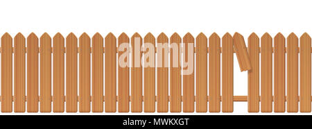 Picchetti in legno recinto con gap nel recinto. Palizzata o stockade per la rottura di una doga e la scappatoia di scivolare attraverso, ESC, bullone, scappare, break free. Foto Stock