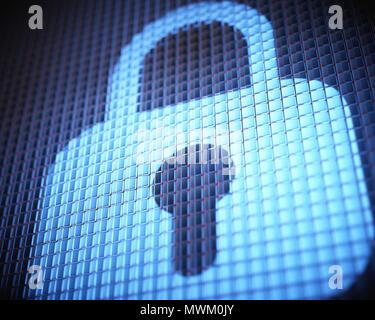 Chiuso il lucchetto digitale nel concetto di sicurezza digitale. Immagine ingrandita su schermo a led con evidenti pixel. Foto Stock